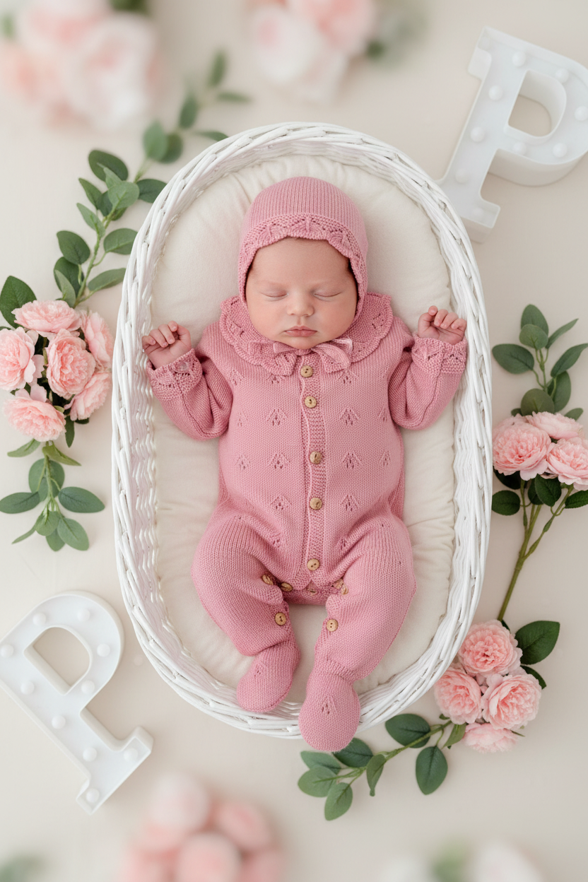 Conjunto Rosa Babygrow & Touca em Malha com Botões de Madeira