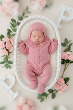 Conjunto Rosa Babygrow & Touca em Malha com Botões de Madeira