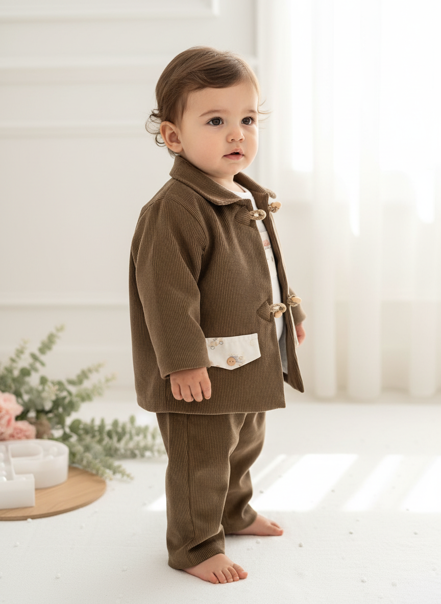 Conjunto menino bombazine 3 peças: casaco, calças e camisola