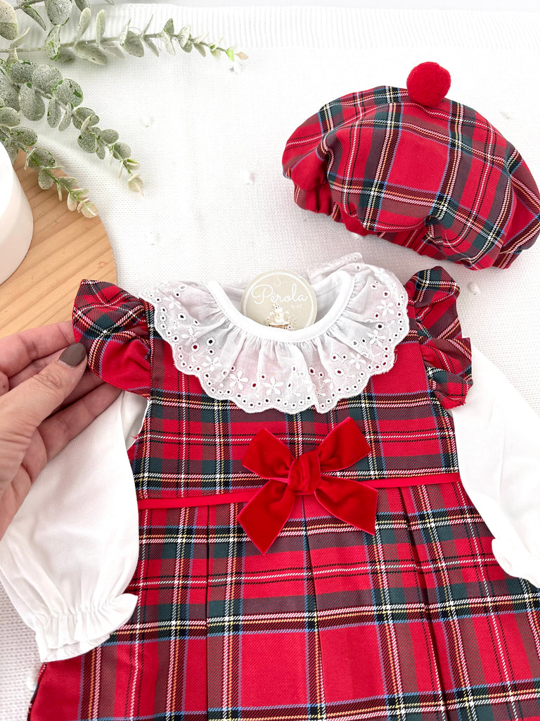 Conjunto Menina Tartan Vermelho e azul- Vestido, Blusa e Boina Natalícia