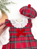Conjunto Menina Tartan Vermelho e azul- Vestido, Blusa e Boina Natalícia