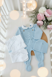 Pack saída de maternidade Azul 5 peças: body, calças, jardineiras, camisola e gorro