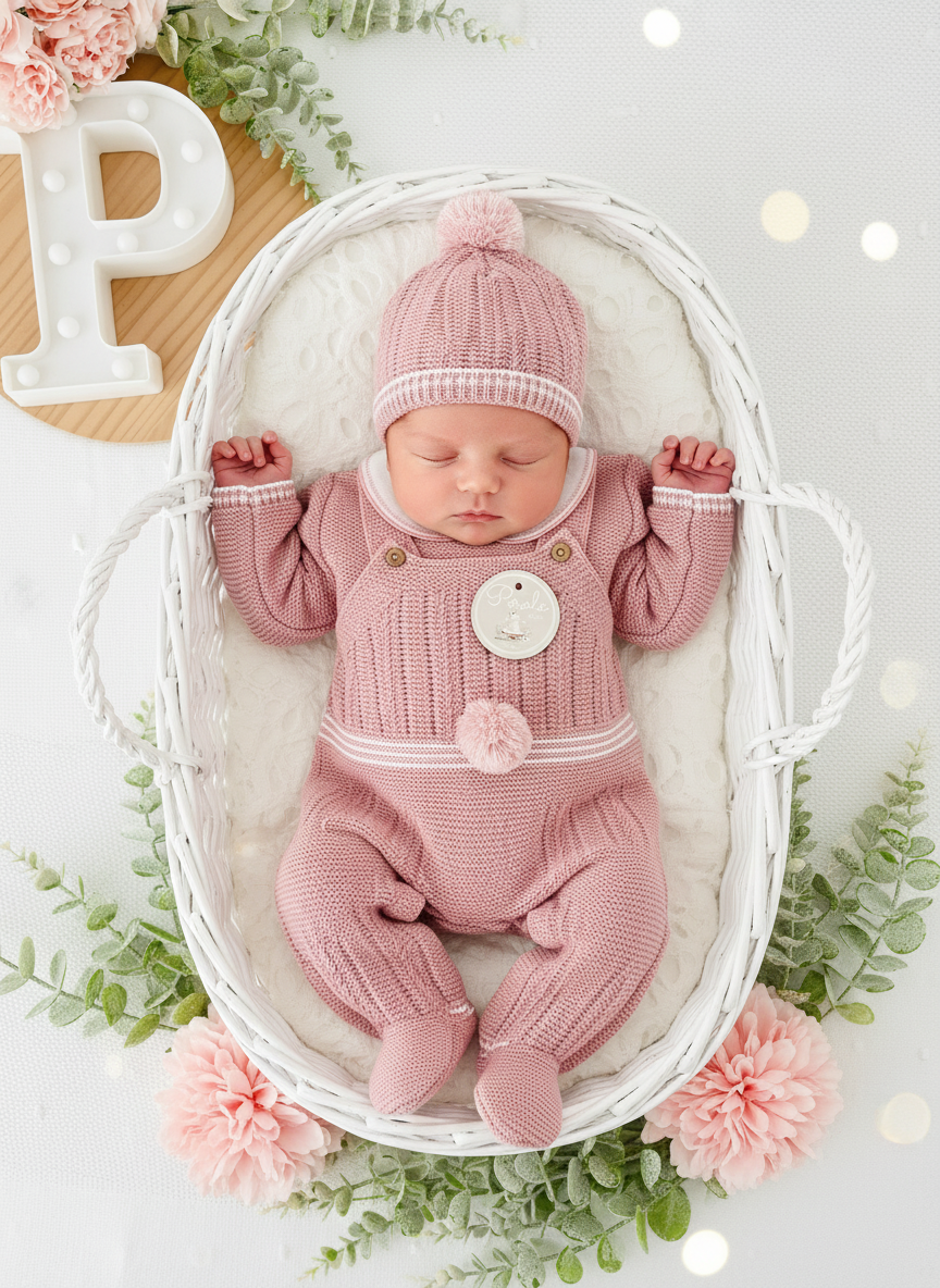 Conjunto Pompom rosa velho: jardineiras, camisola e gorro