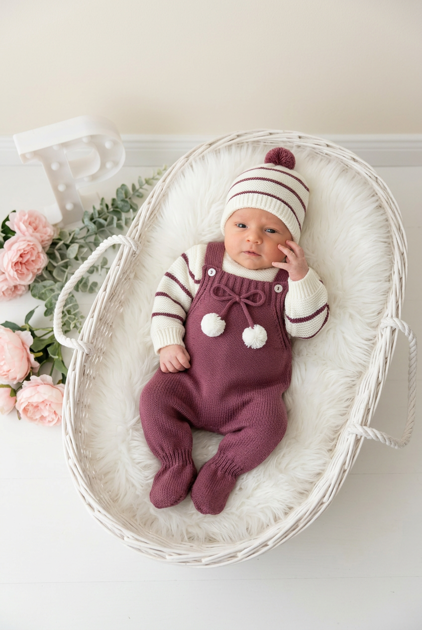 Conjunto risquinhas berinjela: jardineiras, camisola e gorro