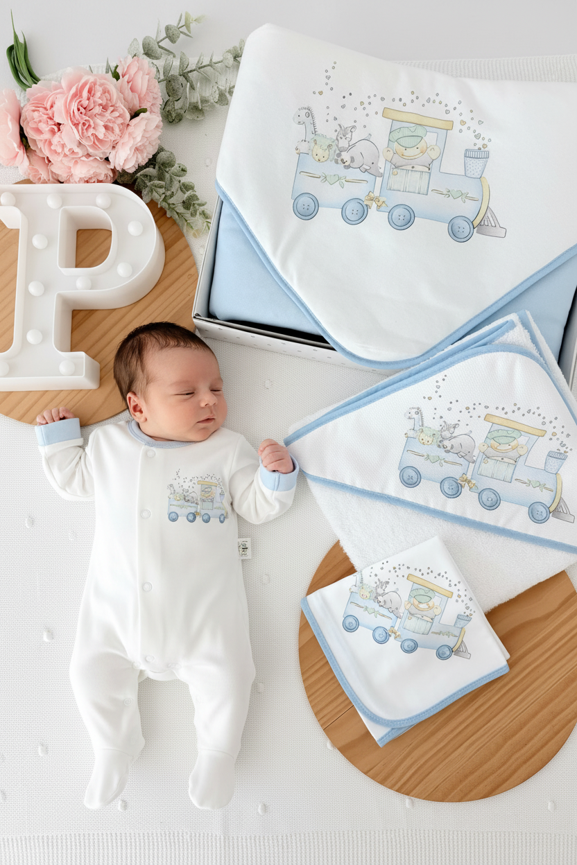 Conjunto enxoval menino- tema comboio 4 peças