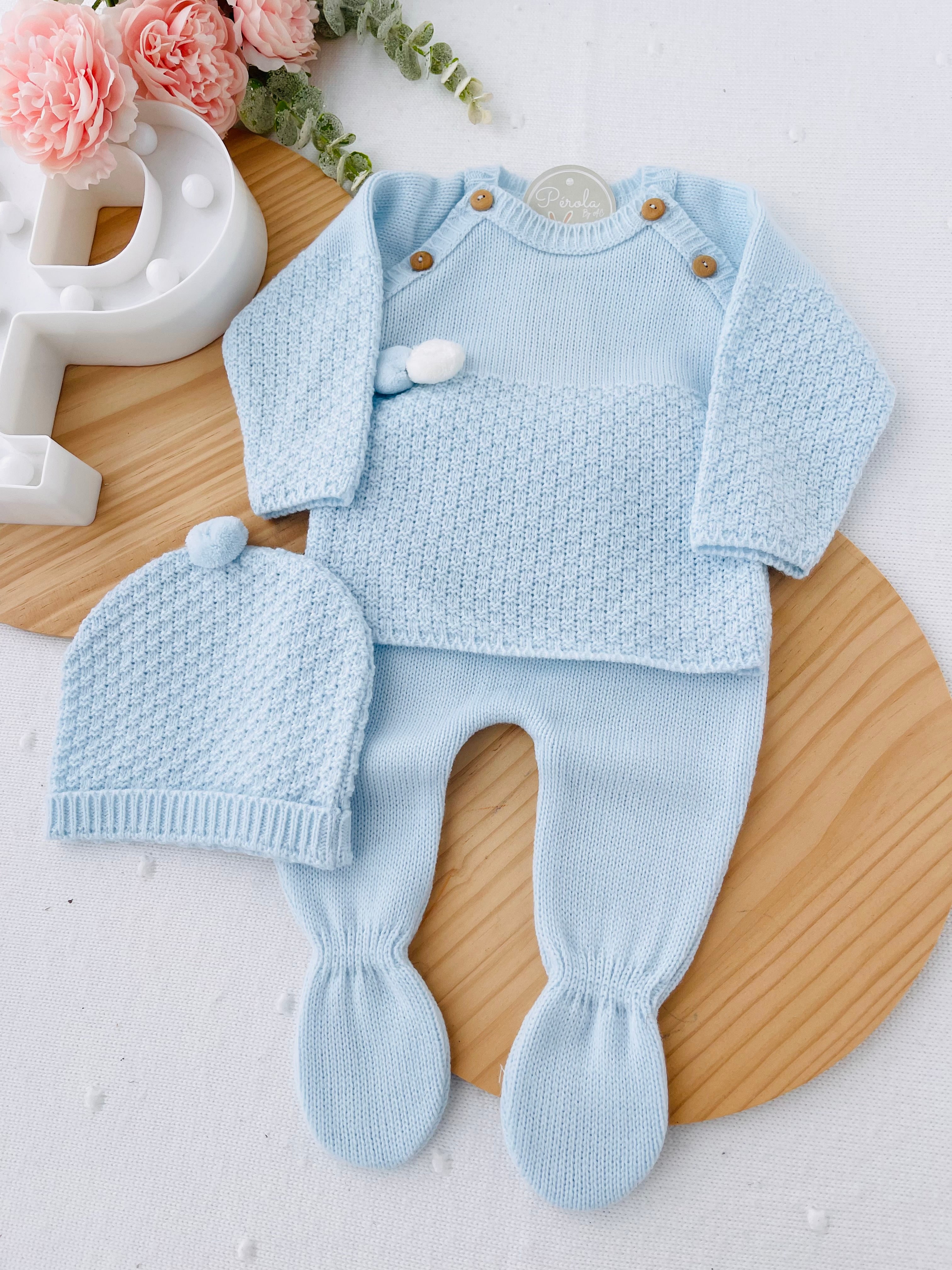 Conjunto menino malha azul: camisola, calças e gorro Outono/Inverno