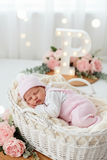 Saída de maternidade ROSA: jardineiras, blusa e gorro 100% algodão Primavera/Verão