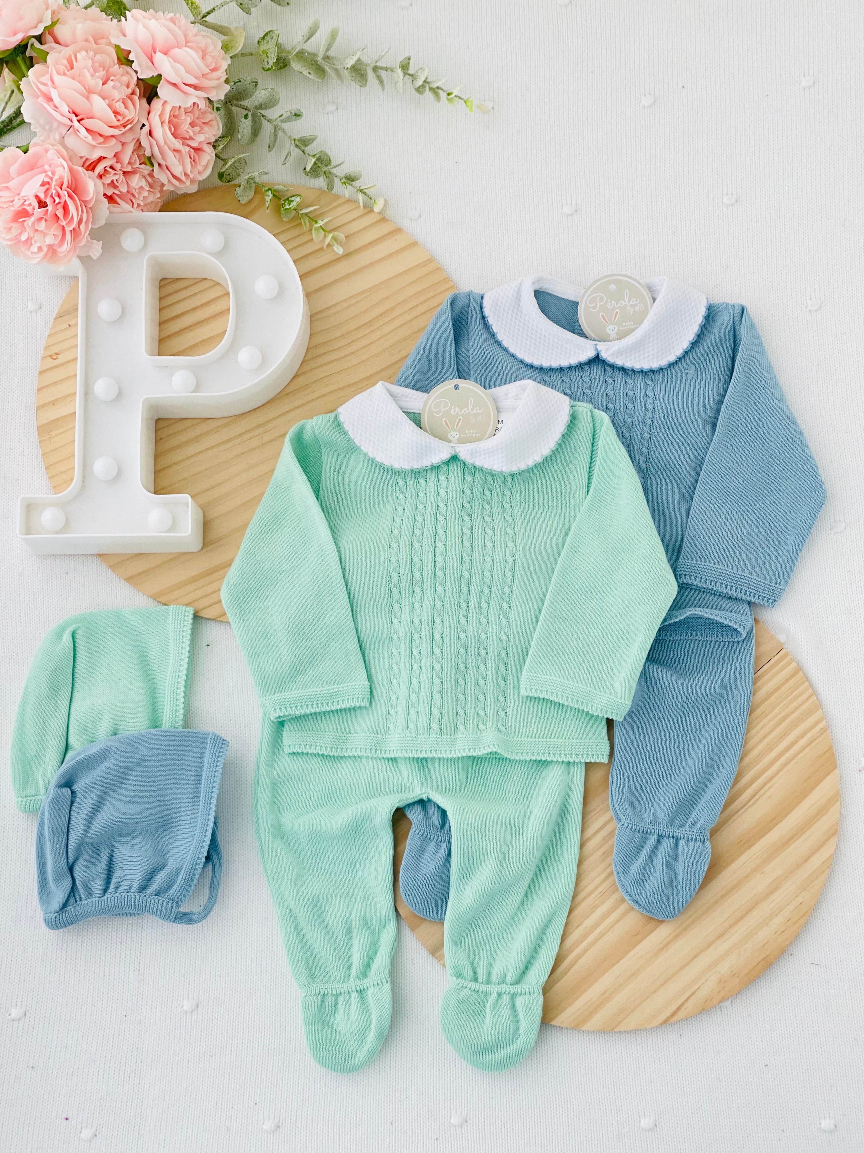 Conjunto malha fina: camisola,calças e touca Primavera/Verão