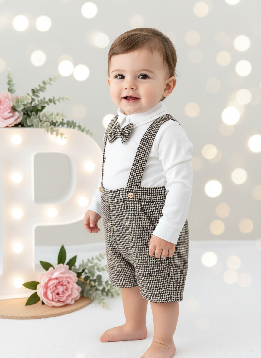 Conjunto xadrez castanho  menino: calções, camisa e laço xadrez