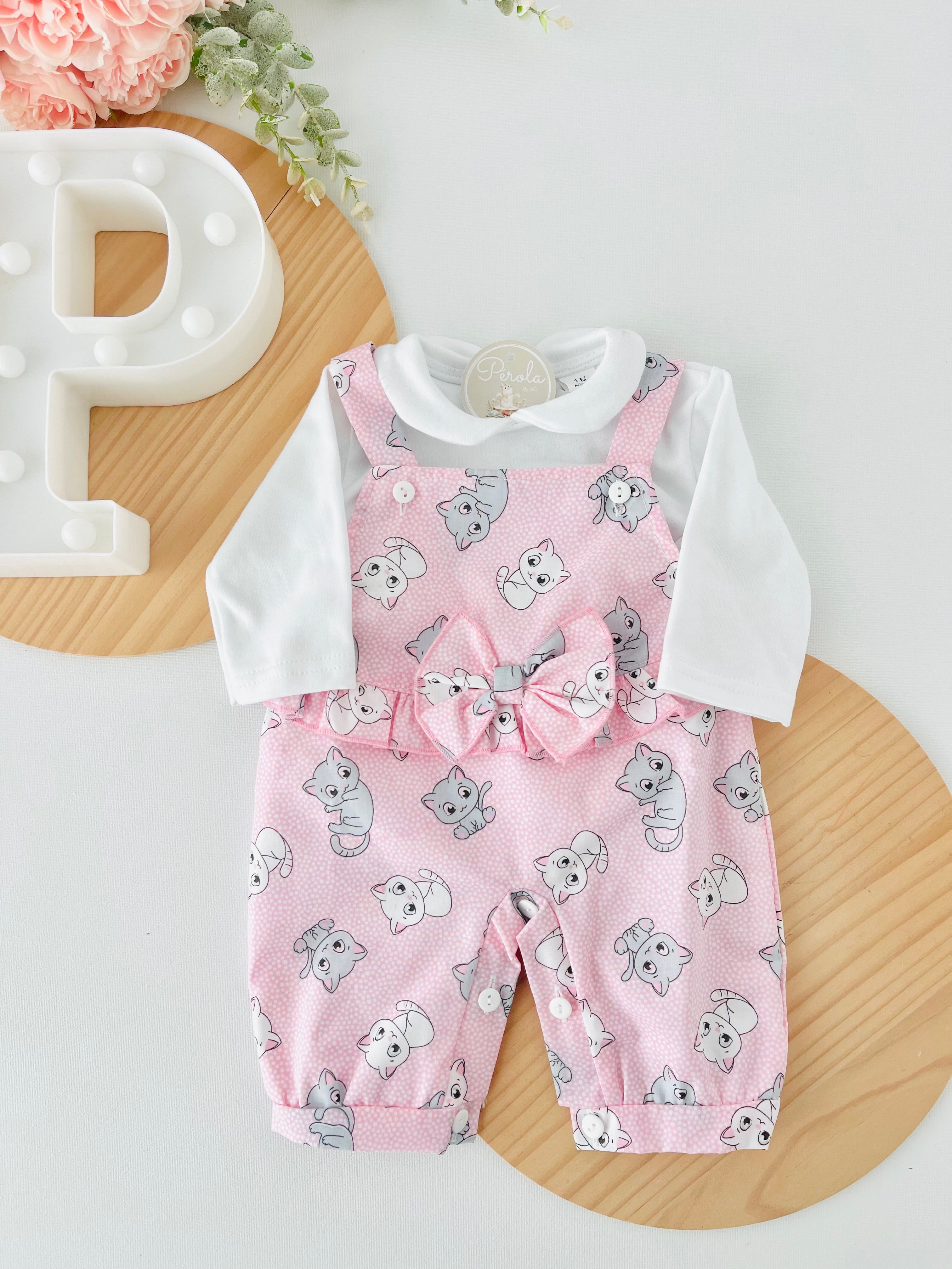 Conjunto gatinhos: Jardineiras e camisola