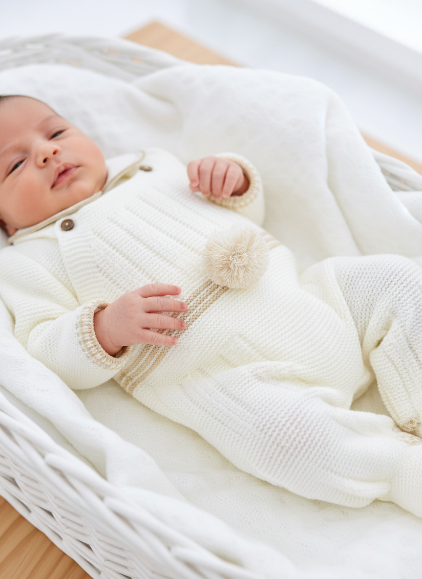 Conjunto Pompom Pérola: jardineiras, camisola e gorro