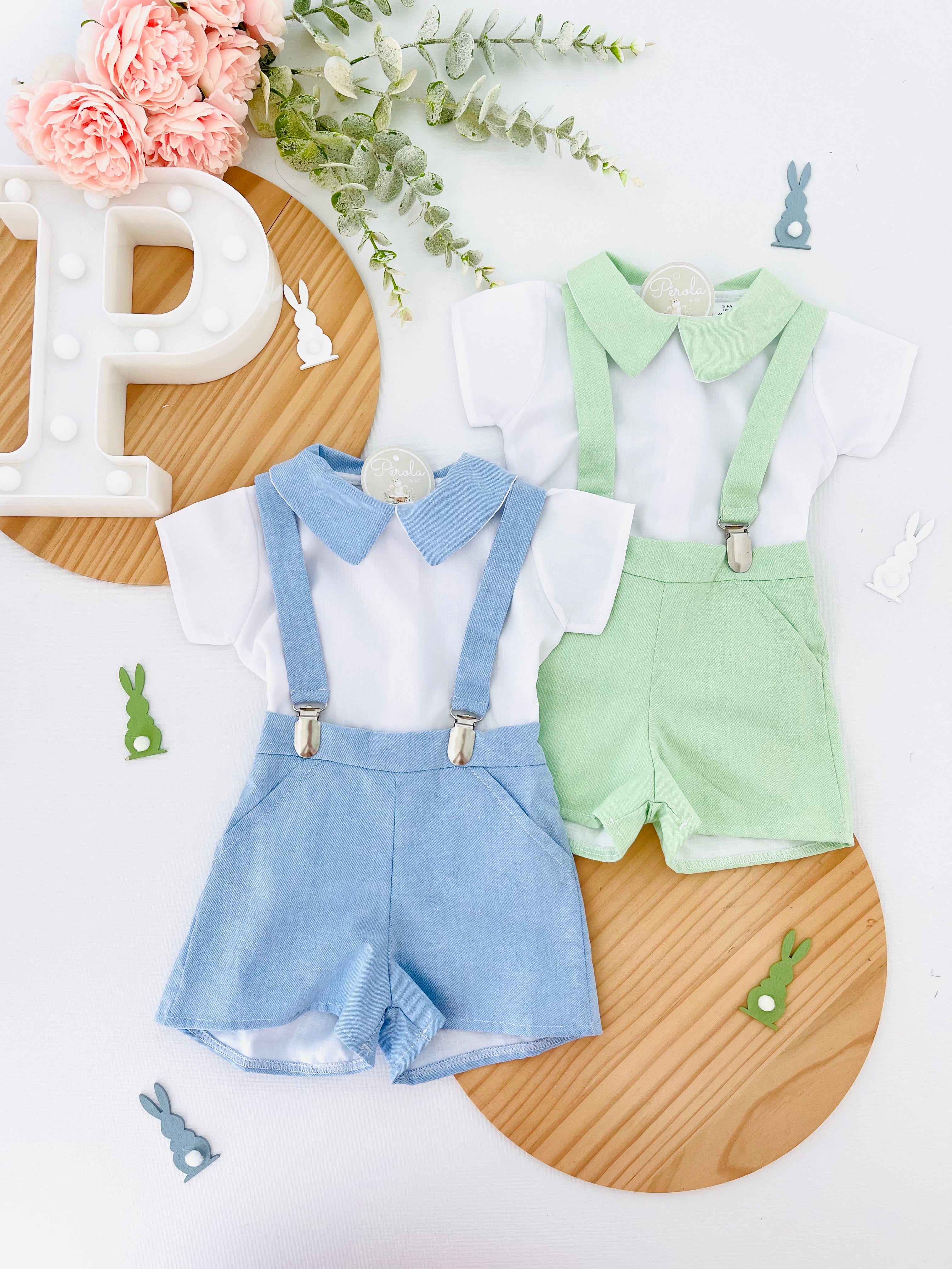 Conjunto Pequeno Príncipe: calções com suspensórios e camisa 3-12M