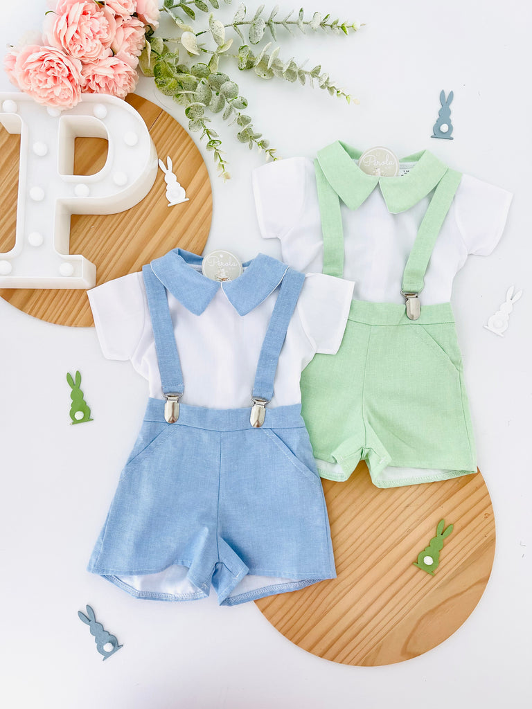 Conjunto cerimónia: calções com suspensórios e camisa de manga curta