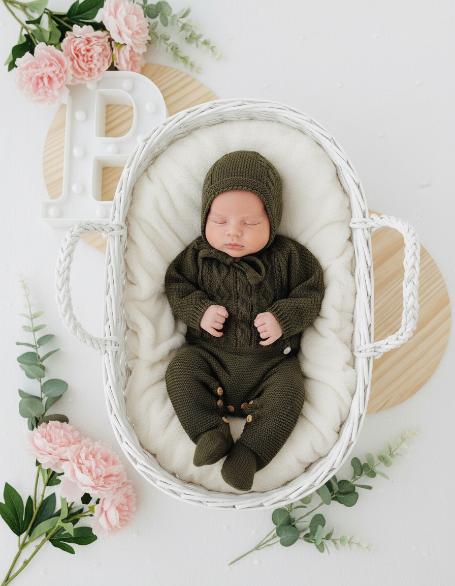 Saída de maternidade verde: Babygrow e touca