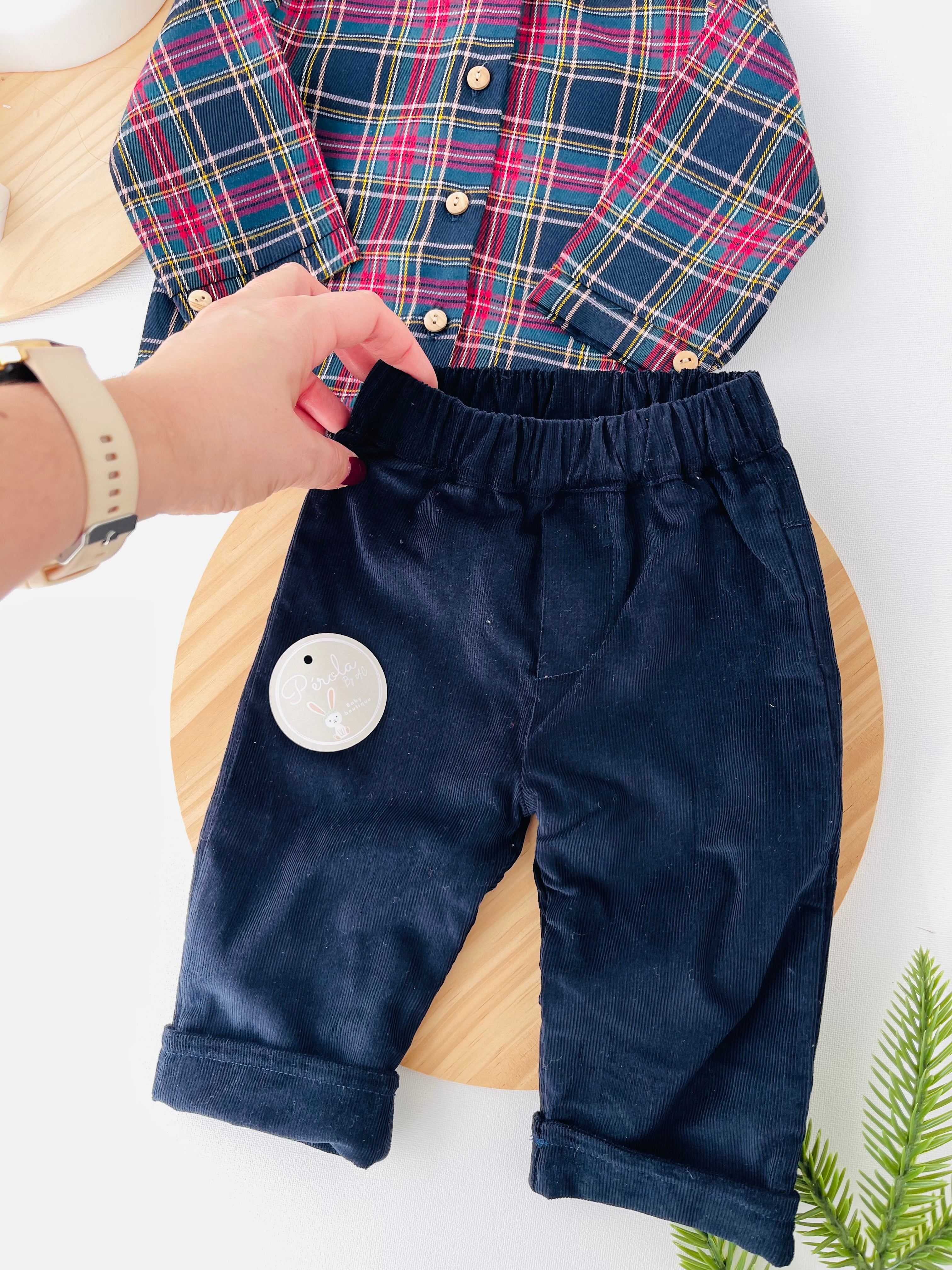 Conjunto xadrez: calças bombazine e camisa