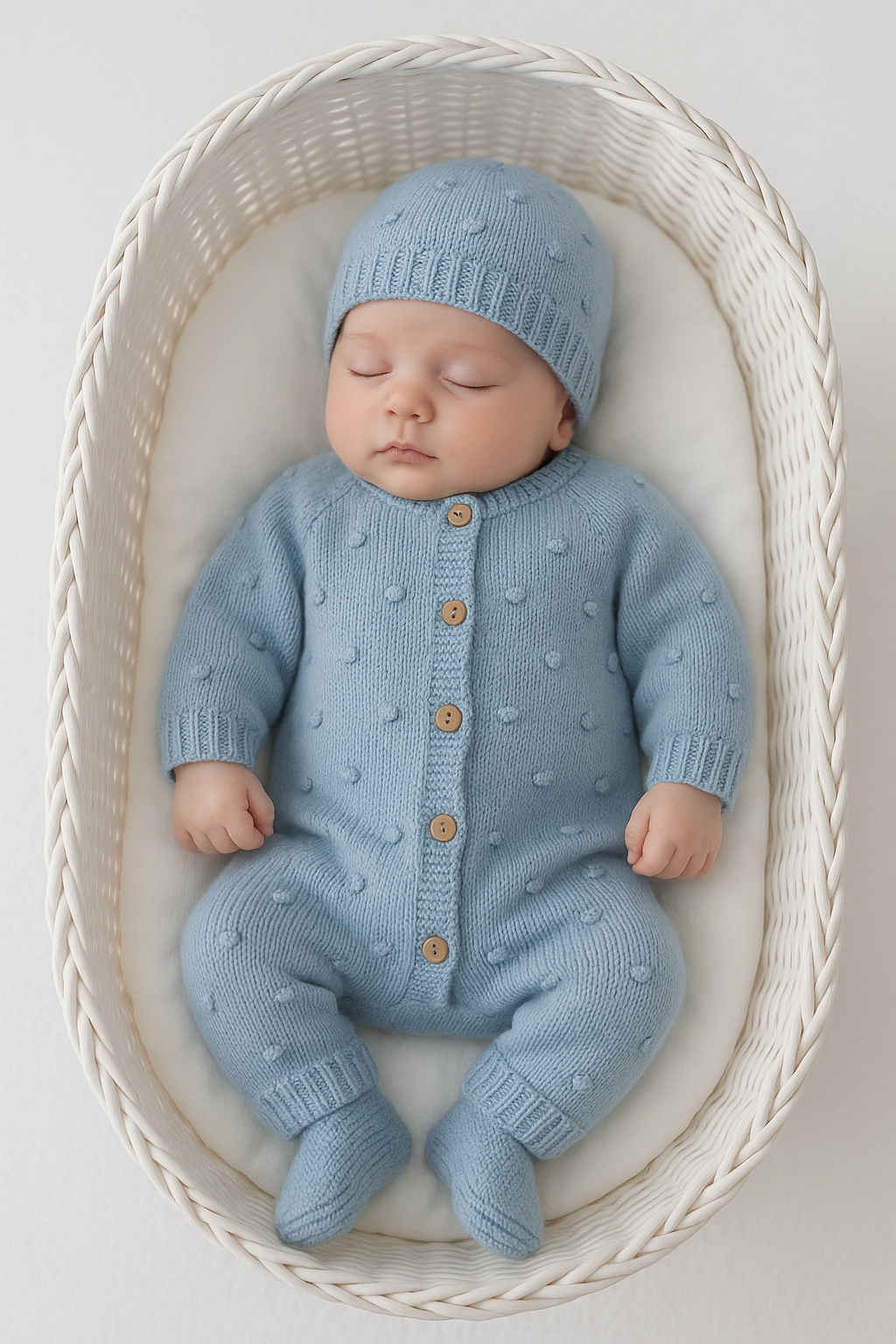 Conjunto bolinhas azul : macacão, gorro e carapins de malha