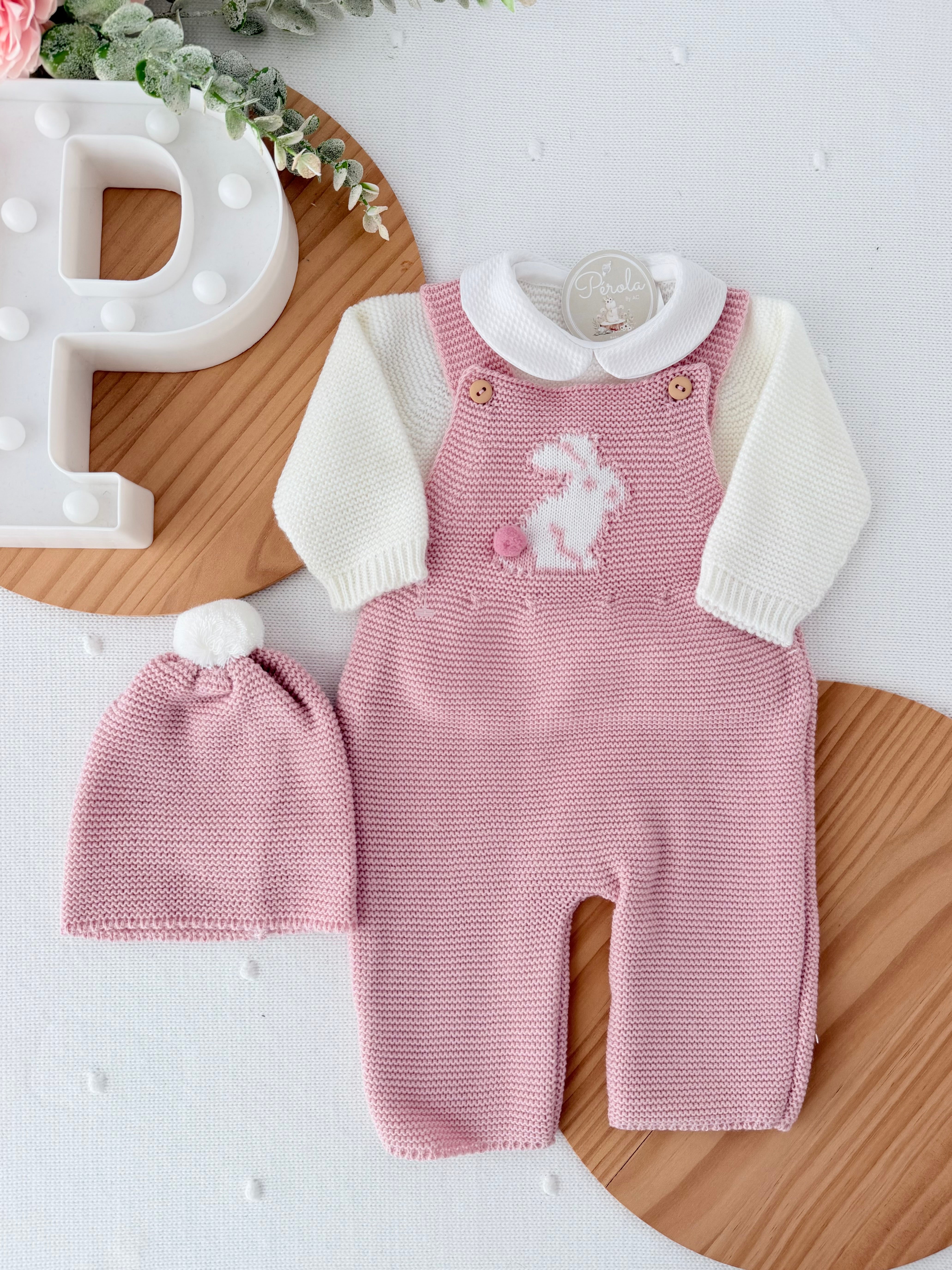 Conjunto coelhinho: jardineiras, camisola e gorro
