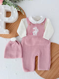Conjunto coelhinho: jardineiras, camisola e gorro