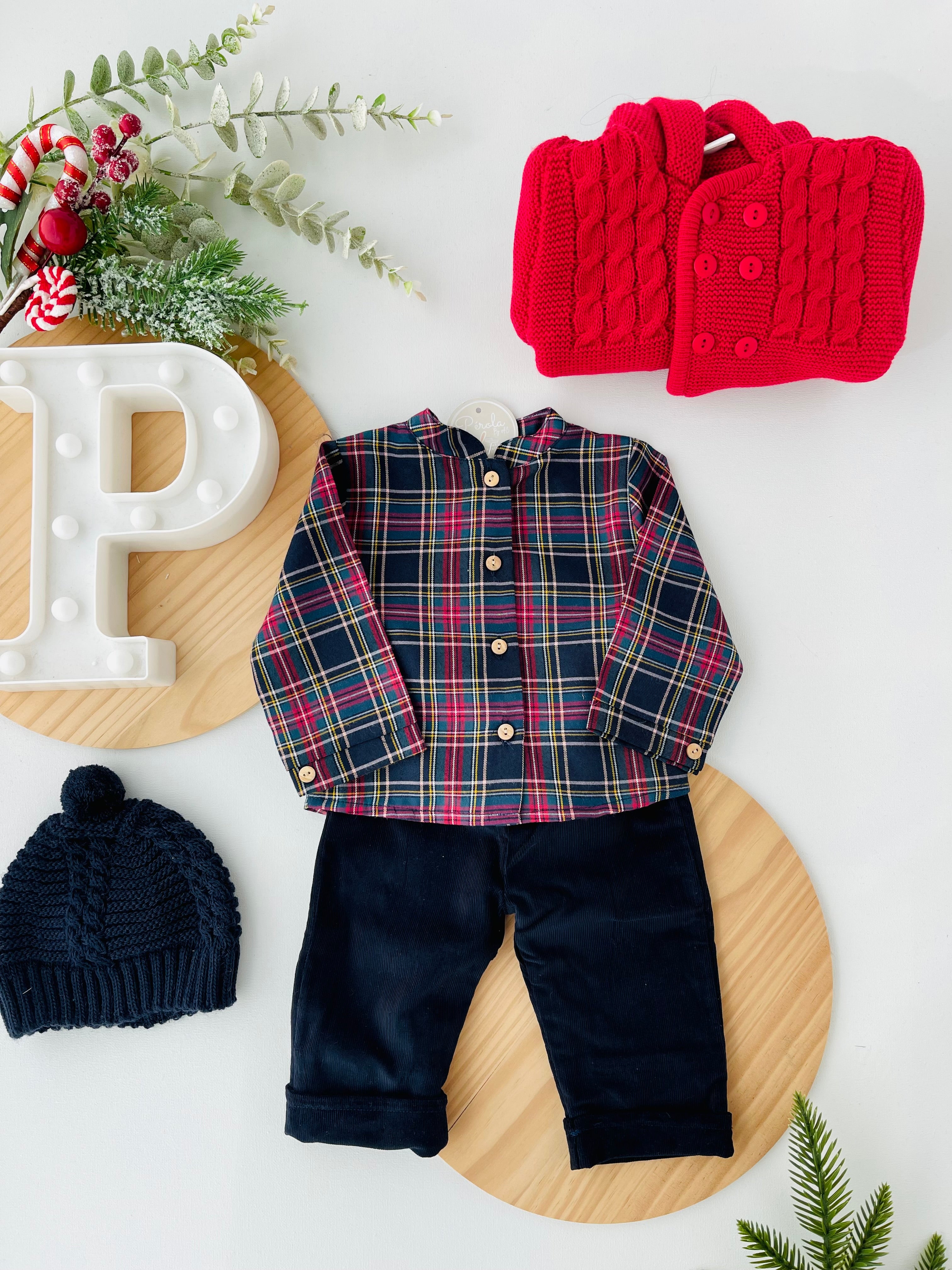 Conjunto xadrez: calças bombazine e camisa