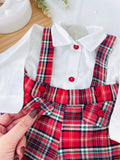 Conjunto menino xadrez vermelho e verde: Calções com alças e camisa
