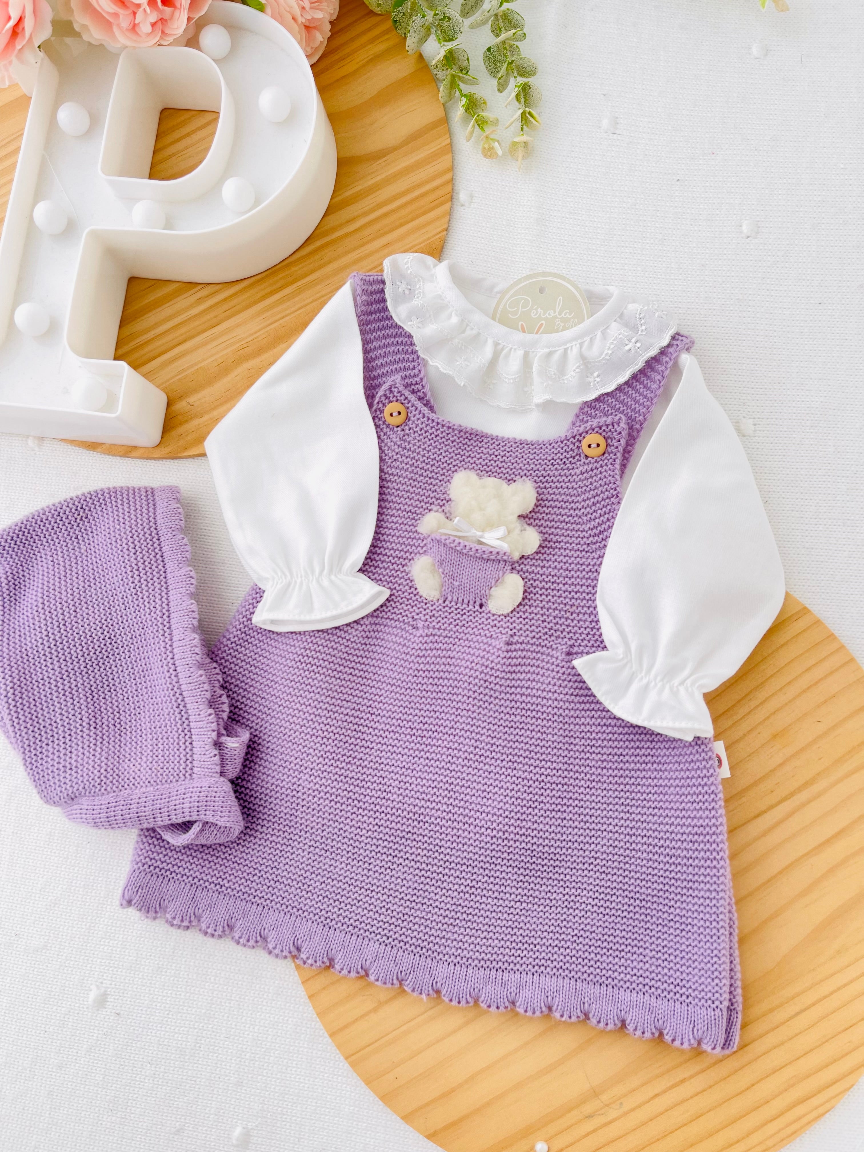 Conjunto ursinho: vestido, blusa e touca