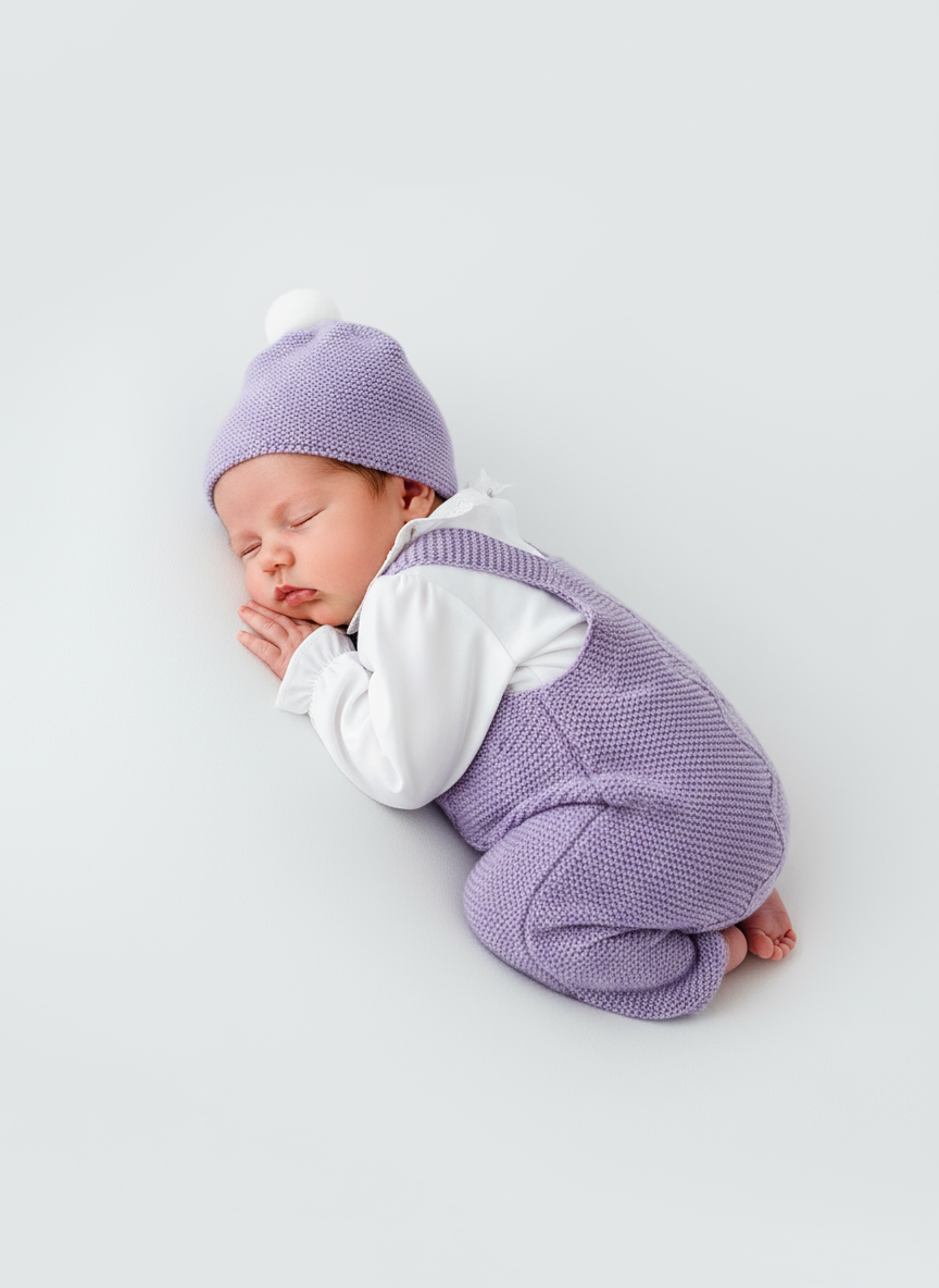 Saída de maternidade lilás: jardineiras, blusa e gorro Outono Inverno