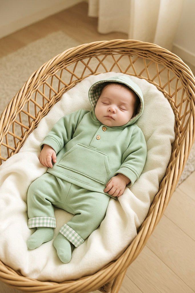 Conjunto Bebé verde com Capuz - Camisola e Calças Cardadas (3-36m)