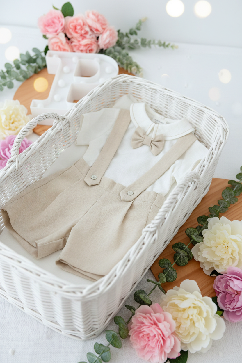 Conjunto especial cerimónia para menino: calções, camisa e laço