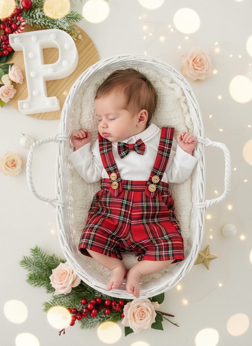 Conjunto xadrez vermelho menino Natal: calções, camisa em flanela e laço xadrez