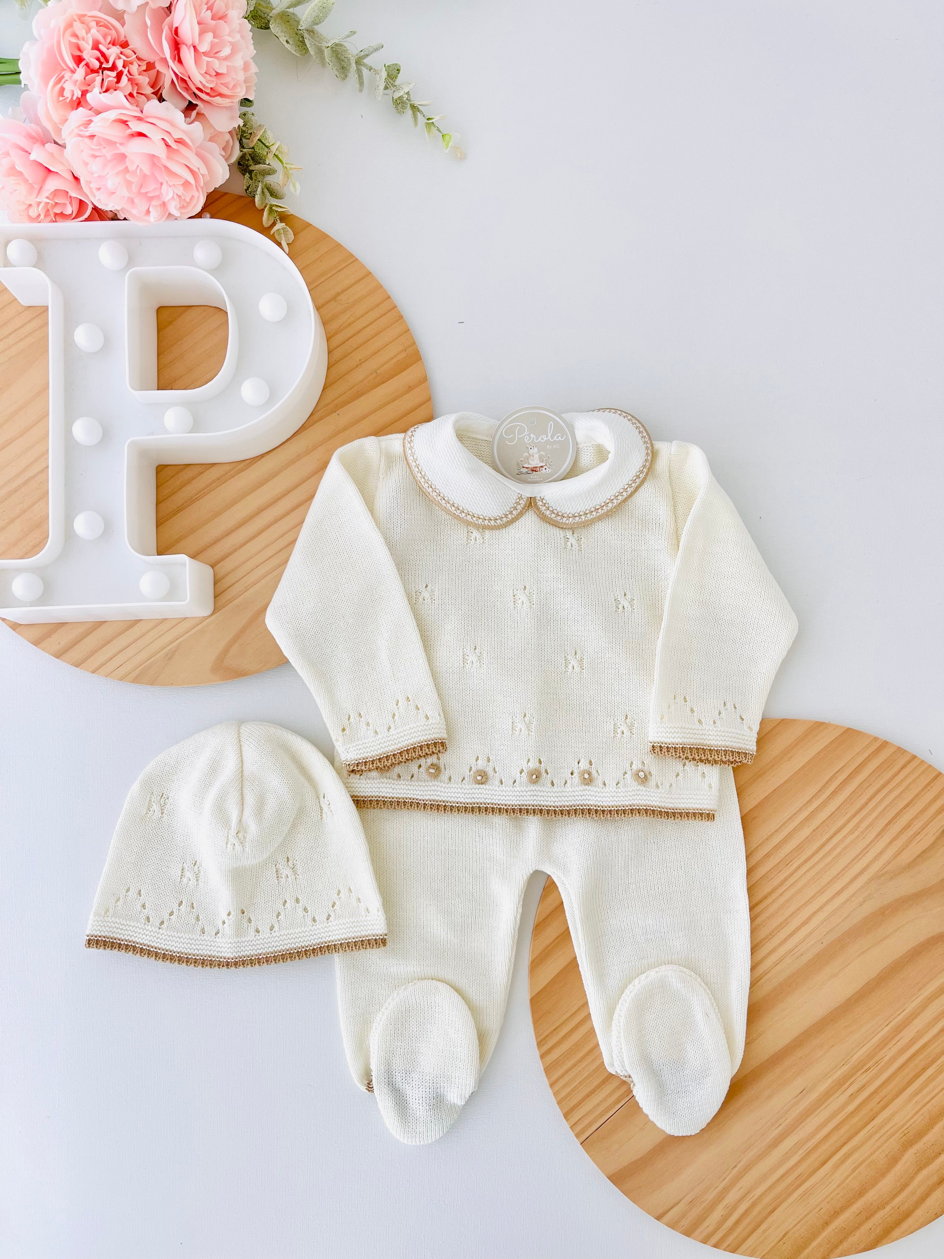 Conjunto malha 100% algodão: camisola, calças e gorro