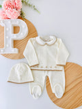 Conjunto malha 100% algodão: camisola, calças e gorro
