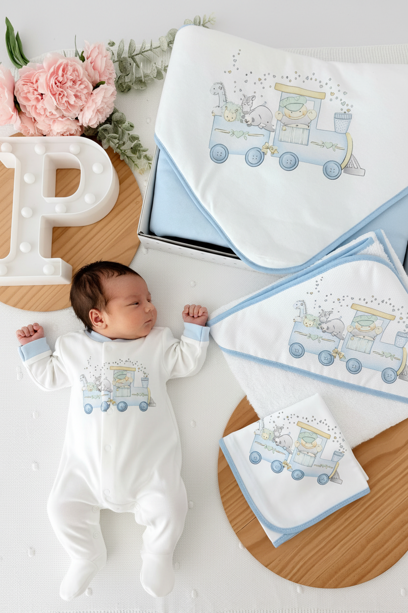 Conjunto enxoval menino- tema comboio 4 peças