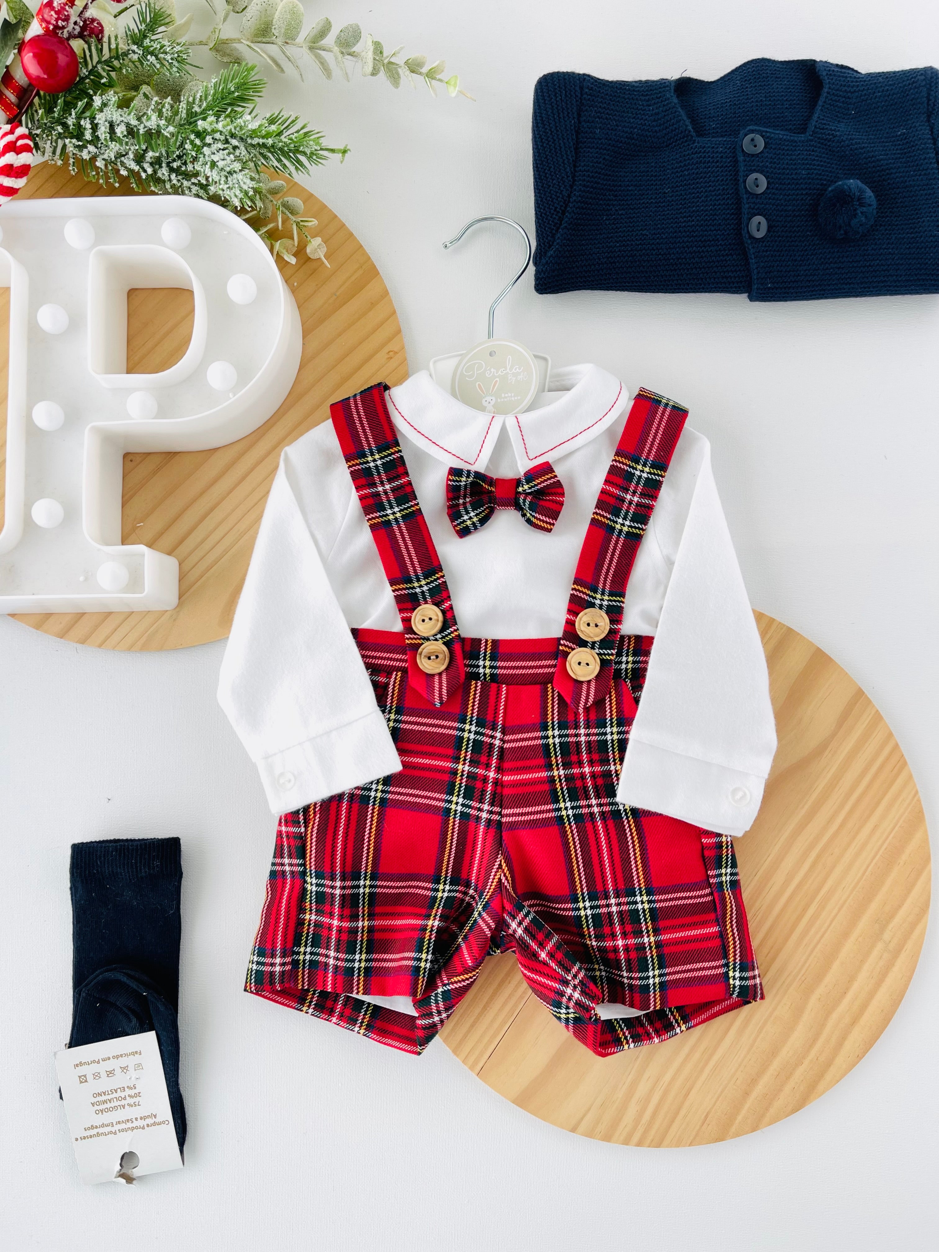 Conjunto xadrez vermelho menino Natal: calções, camisa em flanela e laço xadrez