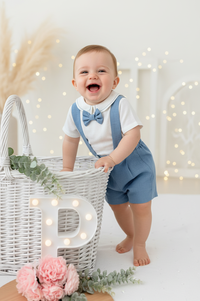 Conjunto especial cerimónia para menino: calções, camisa e laço
