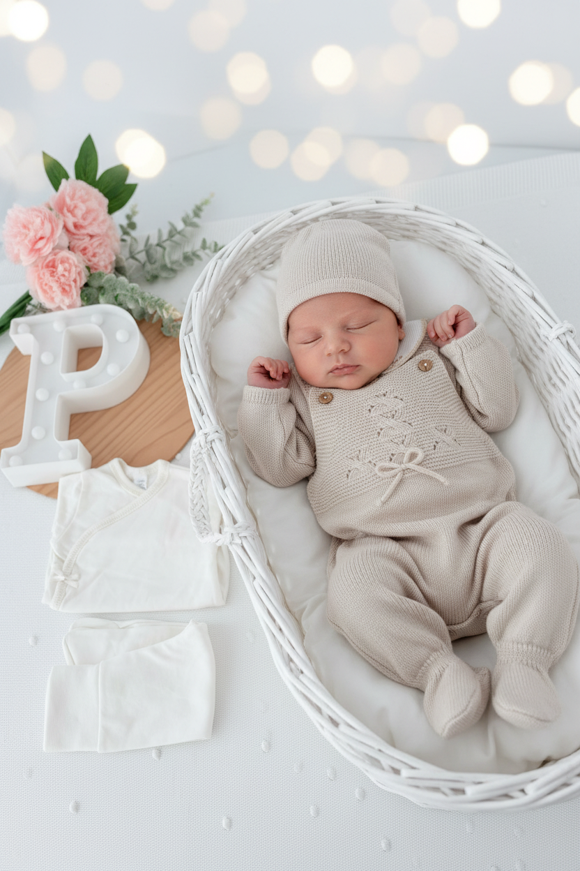 Pack saída de maternidade Bege 5 peças: body, calças, jardineiras, camisola e gorro