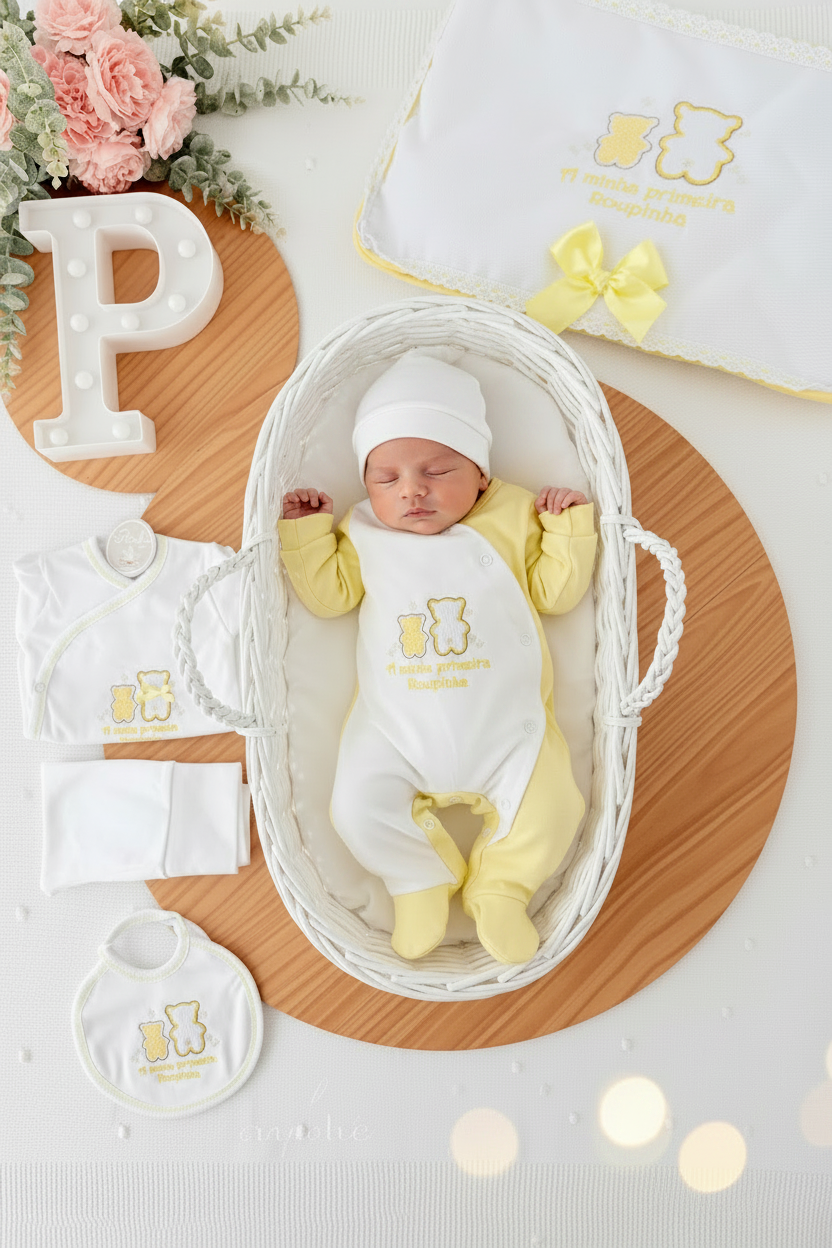 Conjunto primeira roupinha em Amarelo unissexo- 6 peças