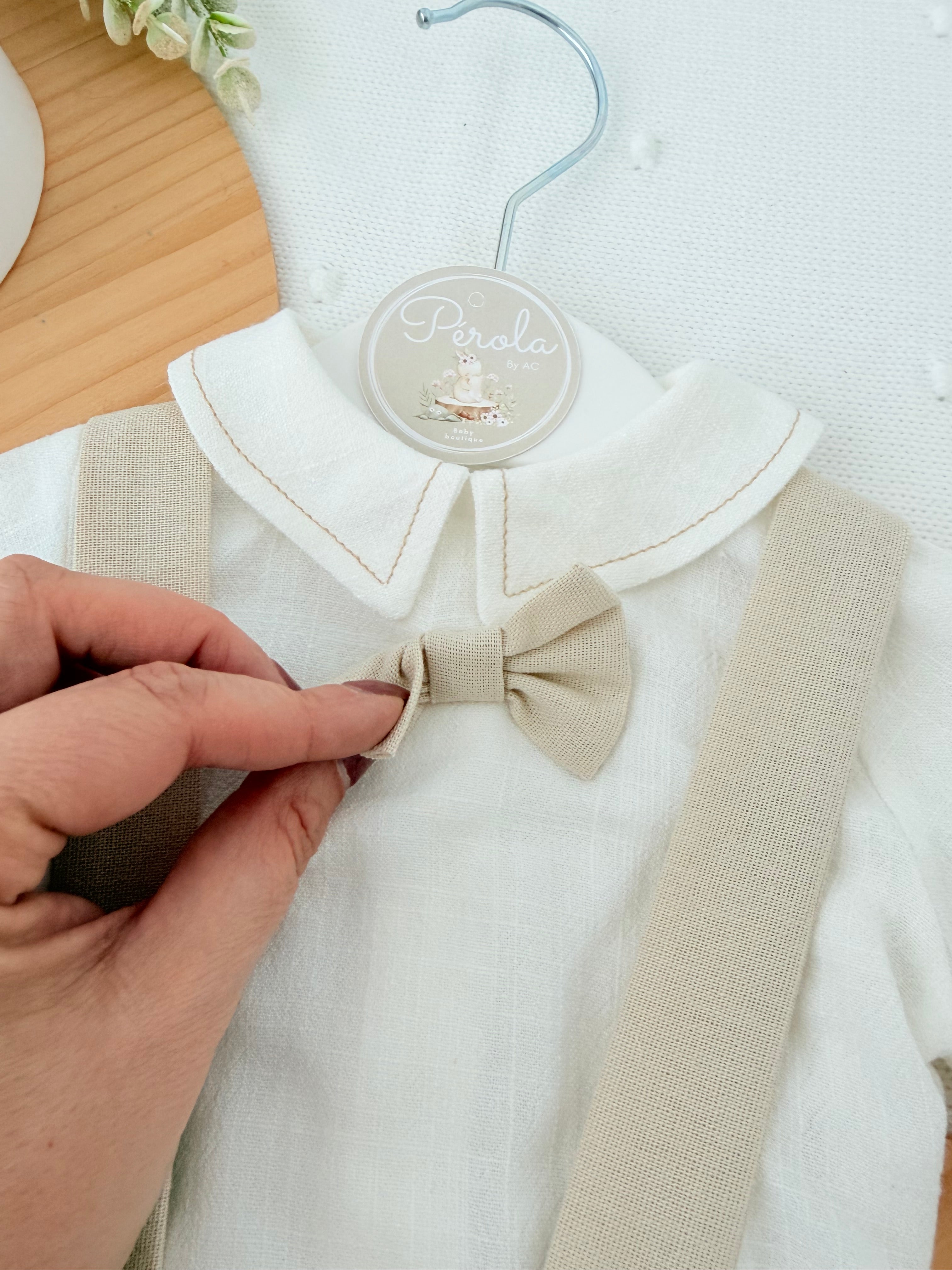 Conjunto especial cerimónia para menino: calções, camisa e laço