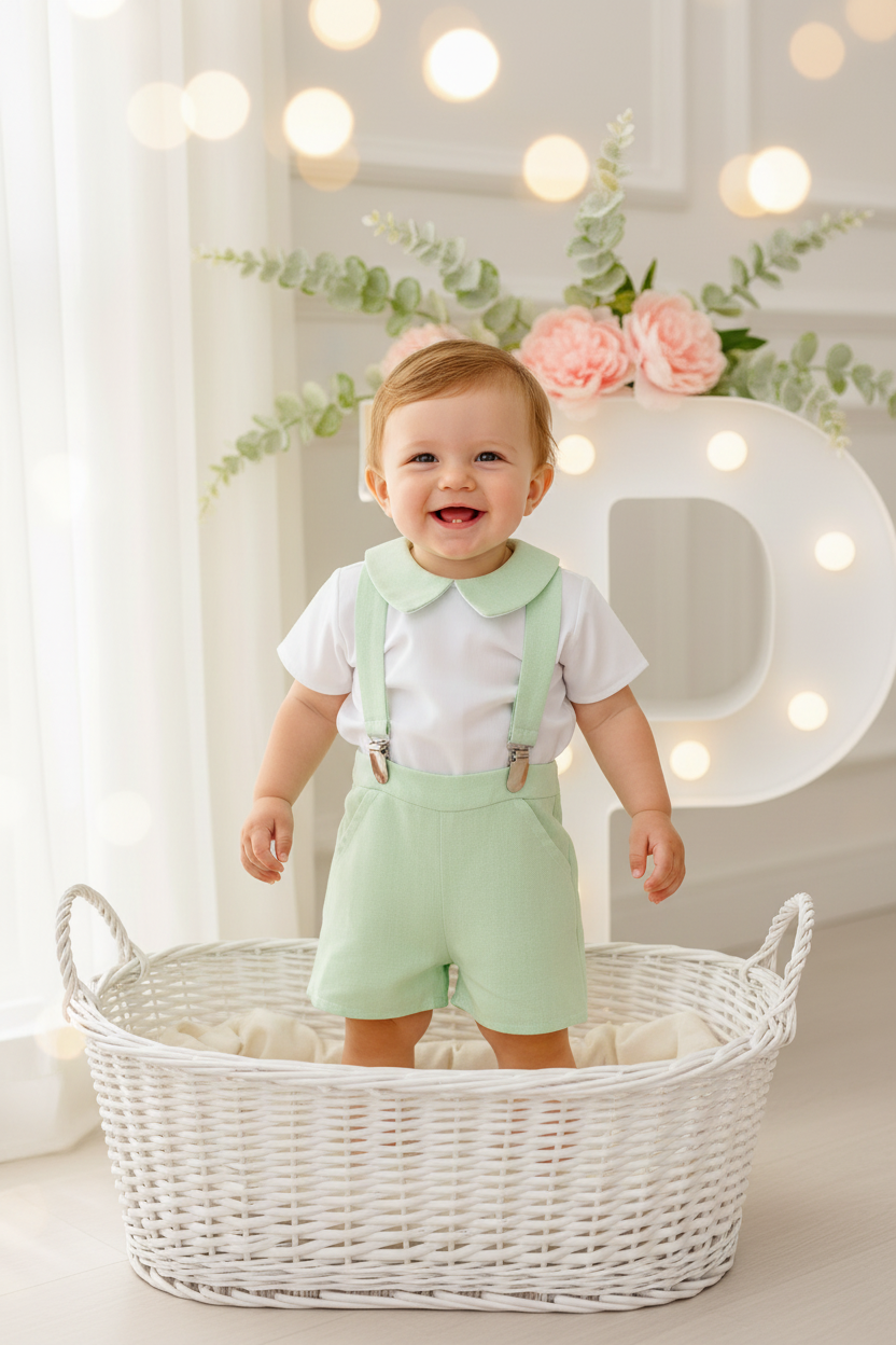 Conjunto Pequeno Príncipe: calções com suspensórios e camisa 3-12M