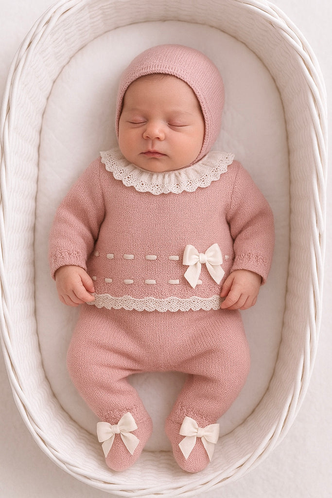 Conjunto rendinha rosa velho: camisola, calças e touca