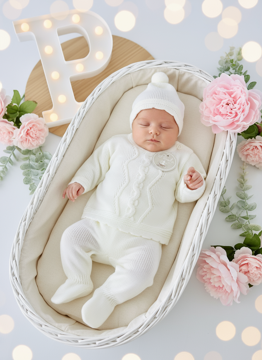 Conjunto malha trança : camisola, calças e gorro