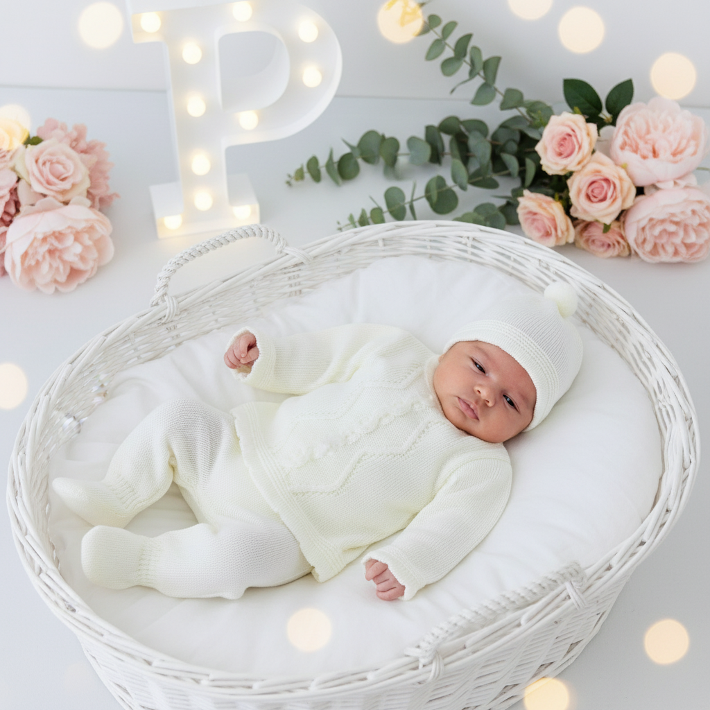 Conjunto malha trança : camisola, calças e gorro