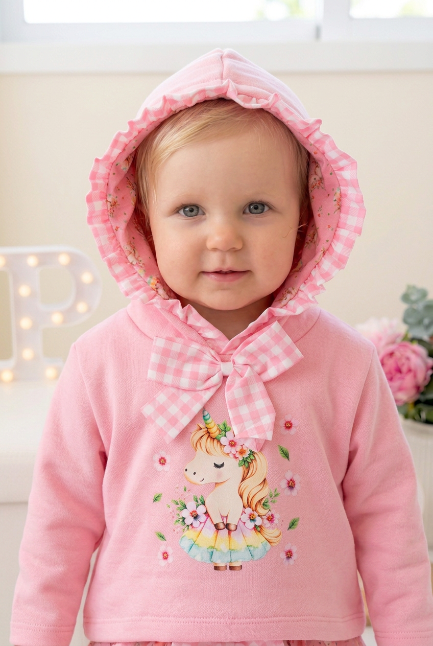 Conjunto Unicórnio Encantado Rosa – Camisola com Capuz e Tapa-Fraldas 6-36M