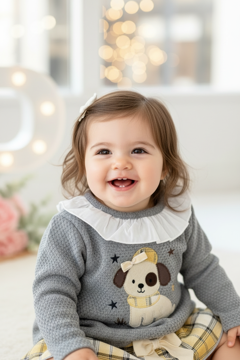 Conjunto cãozinho: camisola e saia com tapa fraldas