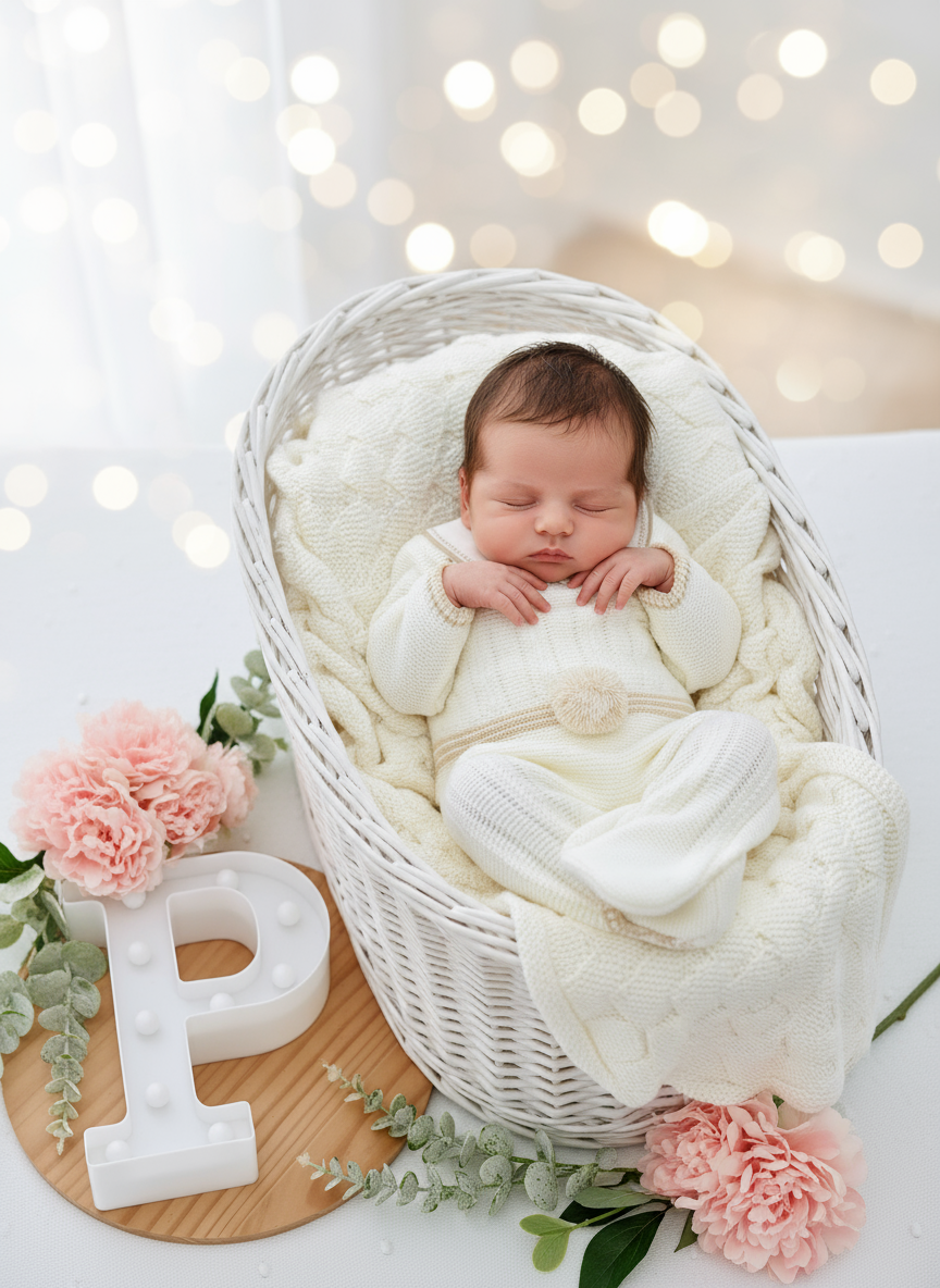 Conjunto Pompom Pérola: jardineiras, camisola e gorro