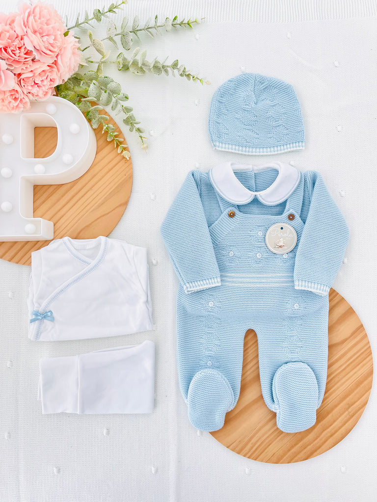 Pack saída de maternidade Azul 5 peças: body, calças, jardineiras, camisola e gorro