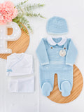 Pack saída de maternidade Azul 5 peças: body, calças, jardineiras, camisola e gorro