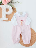 Conjunto girafa rosa: Jardineiras e camisola 3-12M