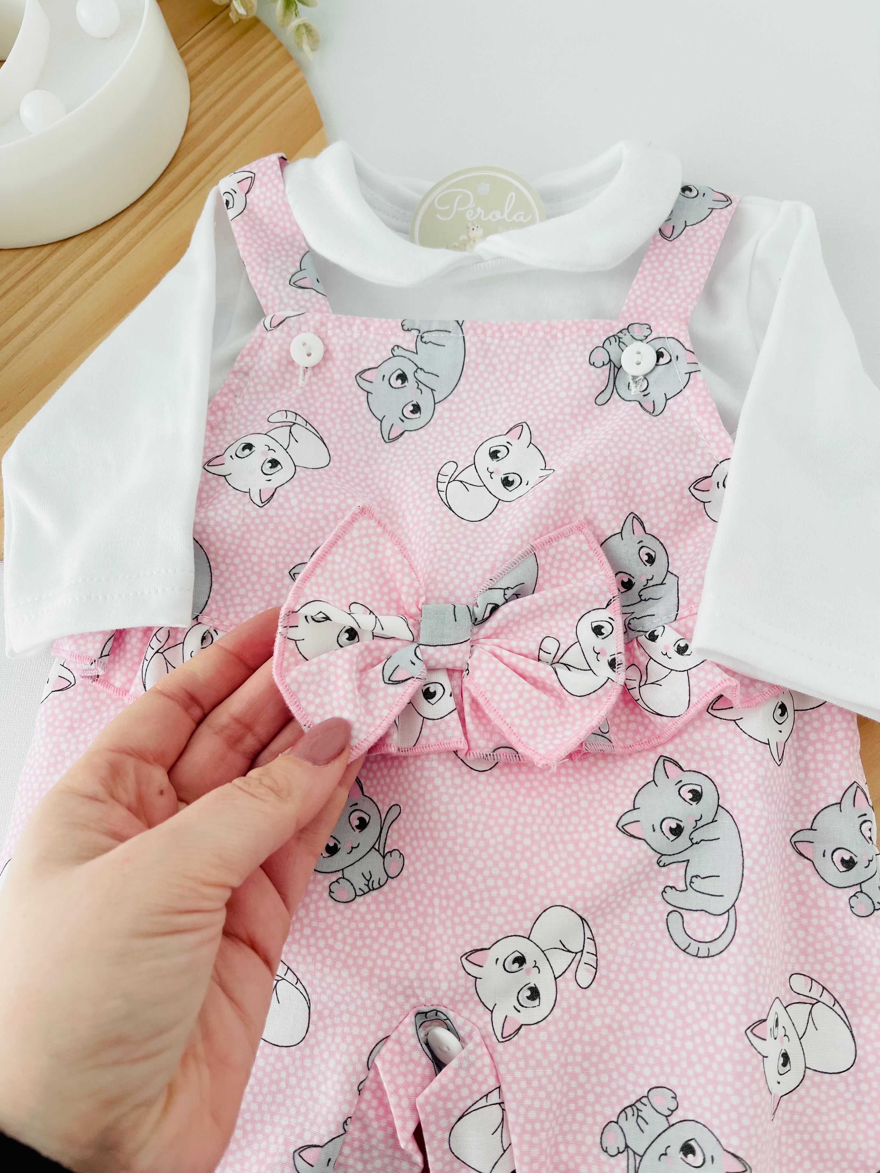 Conjunto gatinhos: Jardineiras e camisola