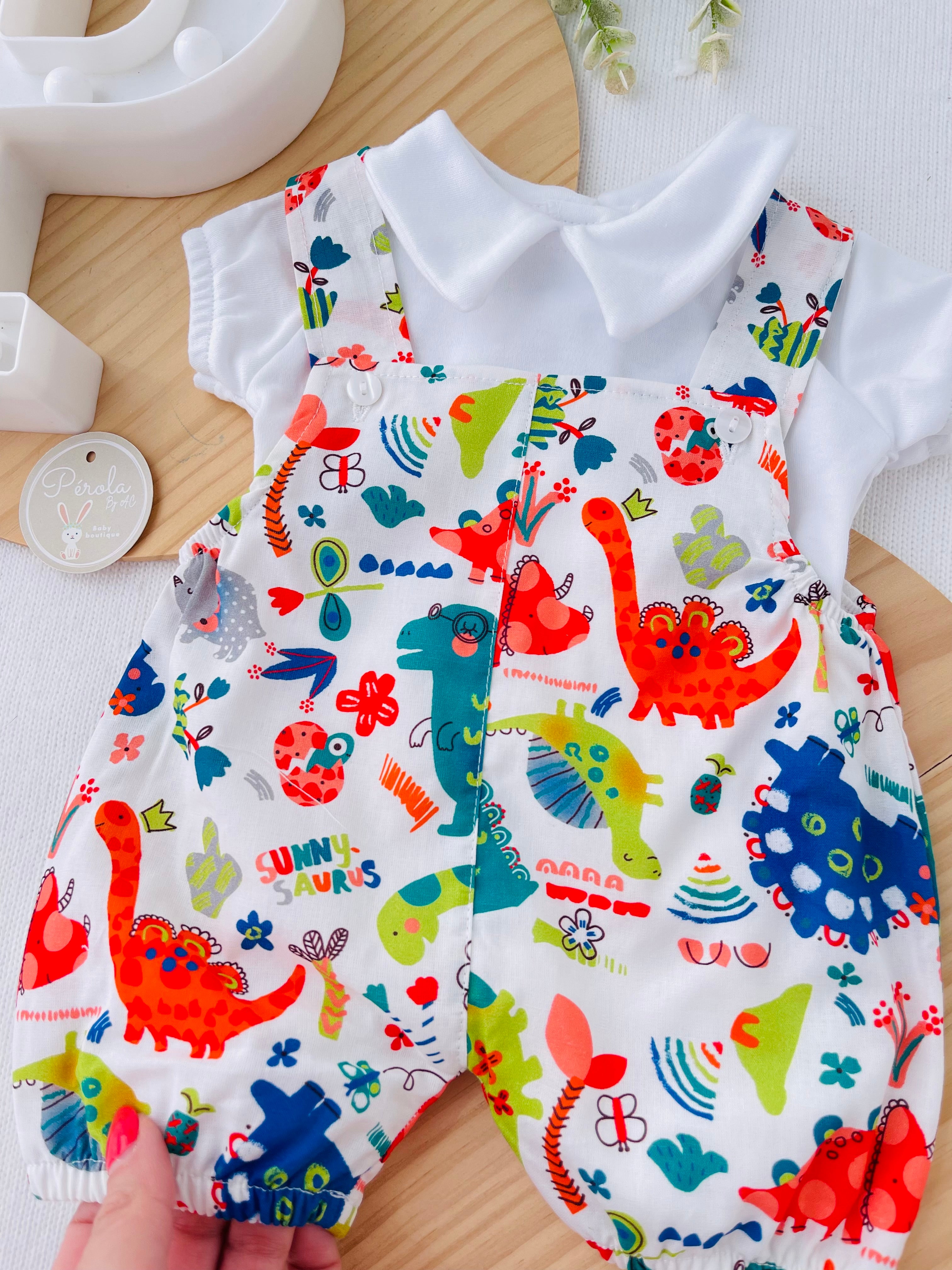 Conjunto Dinossauros : jardineiras e camisola