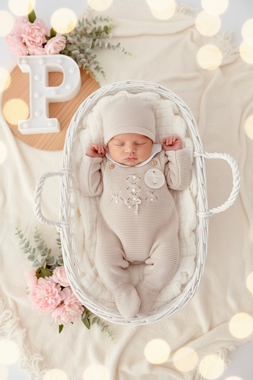 Saídas de maternidade: jardineiras, camisola e gorro outono inverno